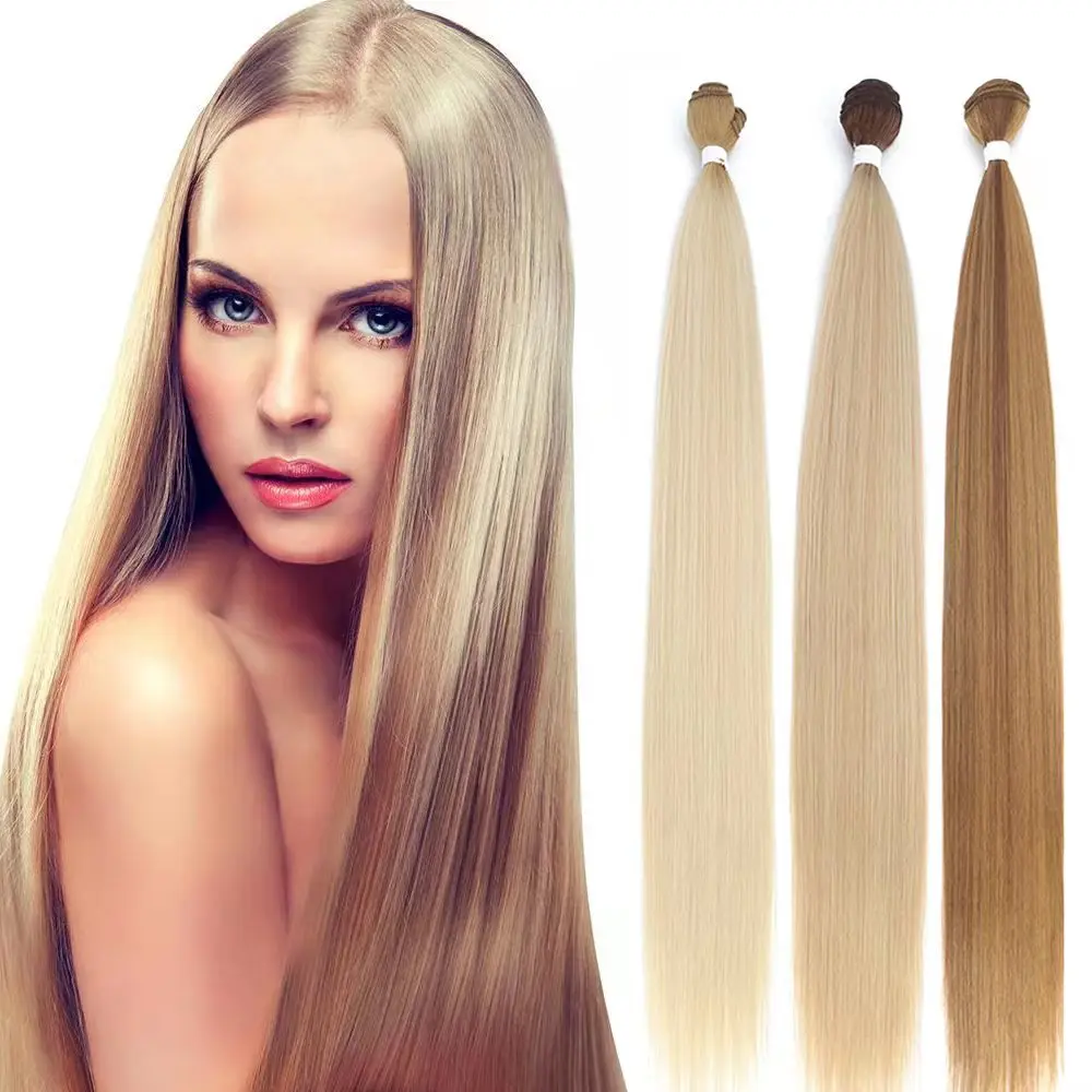 Piano Blonde Straight Hair Bundles Smooth Hair Extensions Fake Fibers Synthetic Yaki Straight Hair Weaving Full to End Free Ship