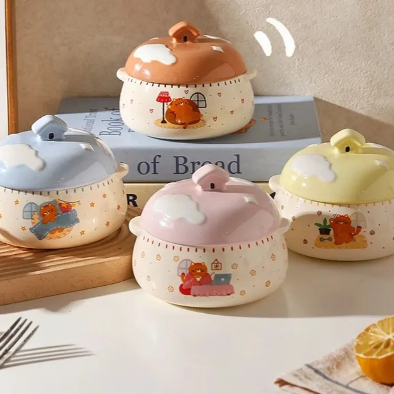‌Ceramic Double-Lid Steamer Pot with Handles - 1-Person Steamed Egg Soup Bowl, Double-Ear Slow Cooker for Custard & Broth