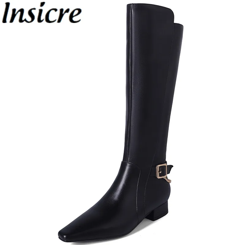 

Insicre Cow Leather 2023 Classic Women Knee High Boots Pointed Toe Zipper Chain Thick Low Heels Winter Shoes Handmade