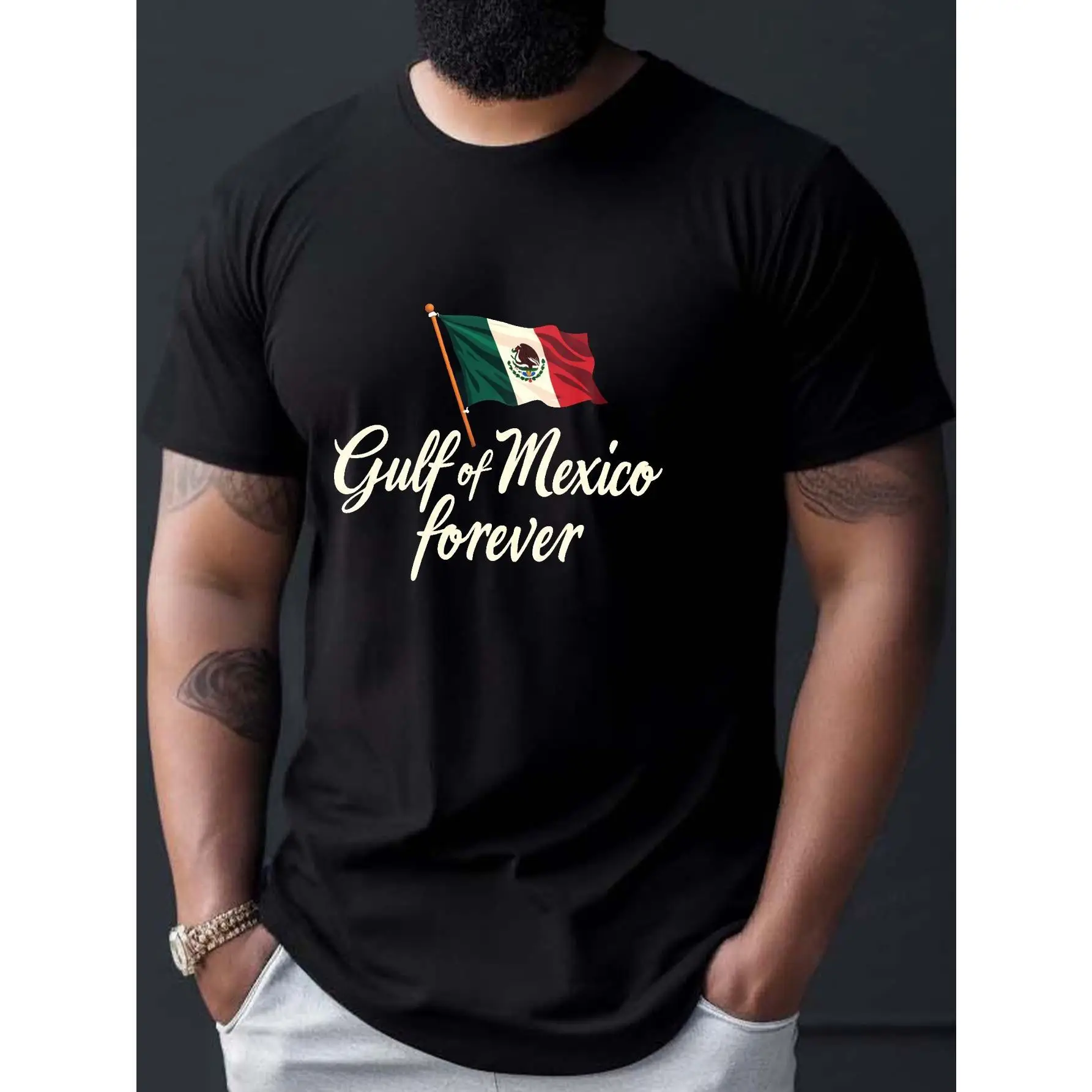 

Men's Gulf Of Mexico Forever Casual Crew Neck Short Sleeve T-Shirt - Black With Mexican Flag Design, Lightweight Polyester, Summ