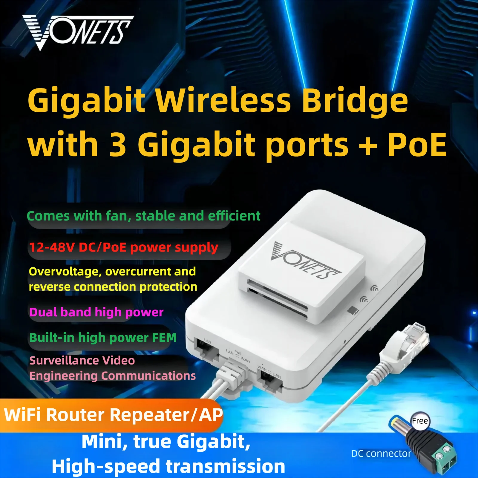 VONETS VAR1200-L Gigabit PoE 2.4G/5G Dual Band Wireless Bridge Router Repeater WiFi Ethernet adapter High Power for Surveillance