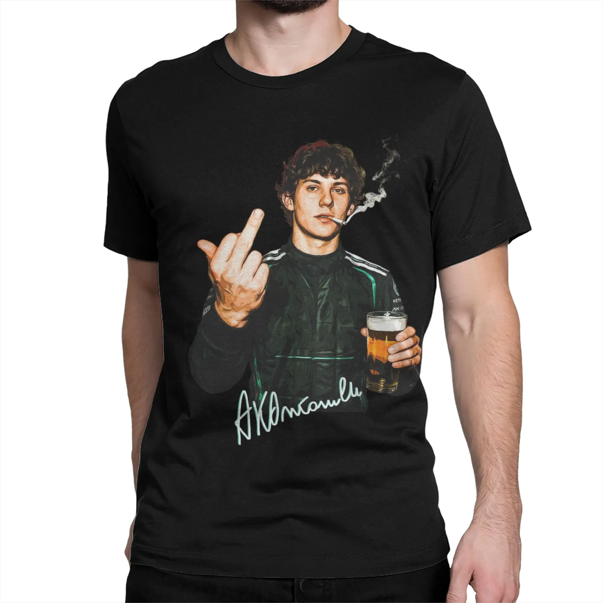 Andrea Kimi Antonelli Smoking and Drinking Beer T-Shirts for 100% Cotton T Shirt  Short Sleeve Tee Shirt Plus Size Clothes
