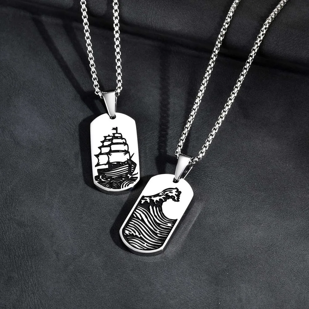 Punk Sea Wave Dog Tag Necklace for Men,Stainless Steel Black Oill Sailboat Military Pendant,Gift to Husband Son Dad