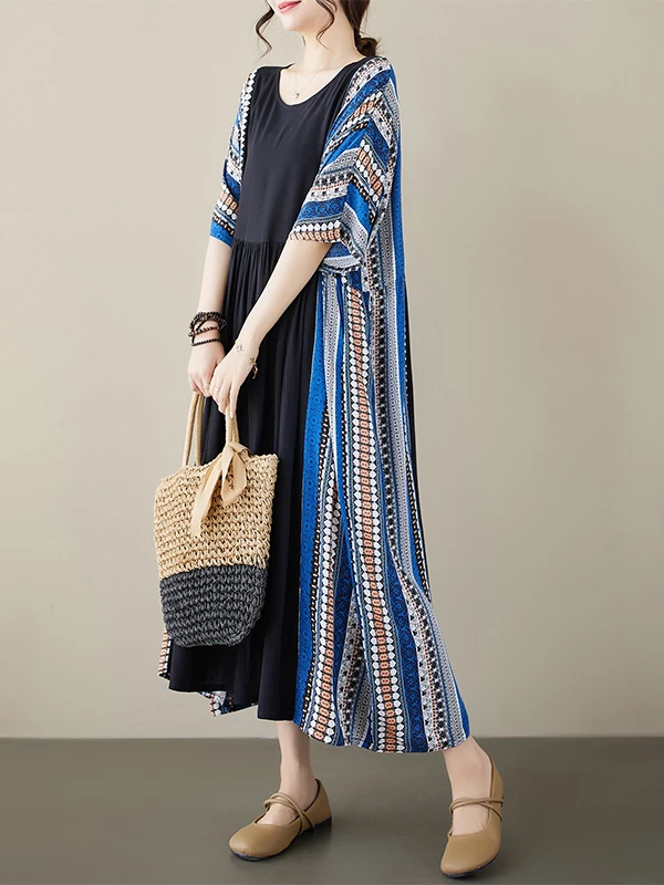 فستان ماكسي بأكمام قصيرة وياقة مستديرة بنمط مخطط عتيق للنساء في منتصف العمر وكبار السن، تصميم فني جديد بطابع قديم لفصل الصيف