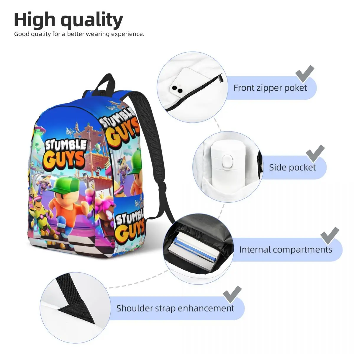 Stumbles Game Cartoon Guys Plecak Mężczyźni Kobiety High School Hiking Travel Daypack Back to School Gift Laptop Canvas Bags Sports