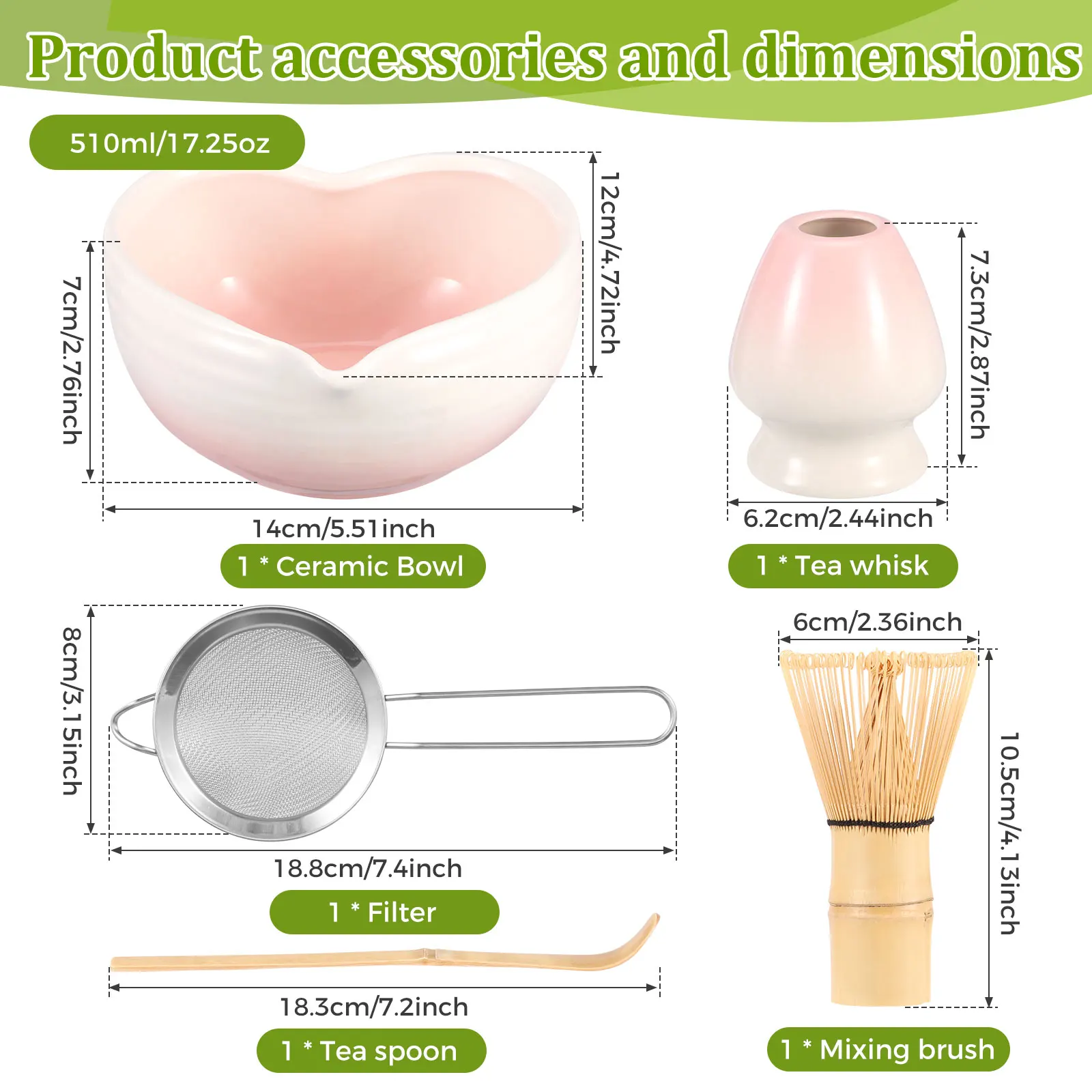 5 Pcs Matcha Set Bamboo Whisk Teaspoon Ceramic Bowl Kit Heart Shape Ceramic Matcha Bowls Set Home Tea-making Tools for Tea Lover