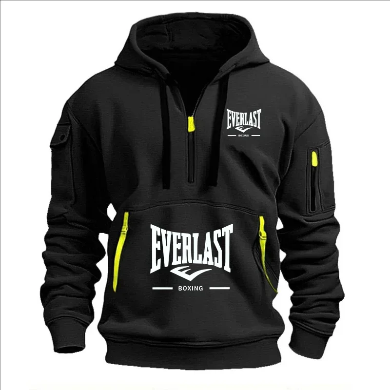 2026 Autumn Winter New Men Plus Size Half Zip Multi Pocket Hooded Pullover Casual Daily Outdoor Sports Fitness Sweatshirt Tops