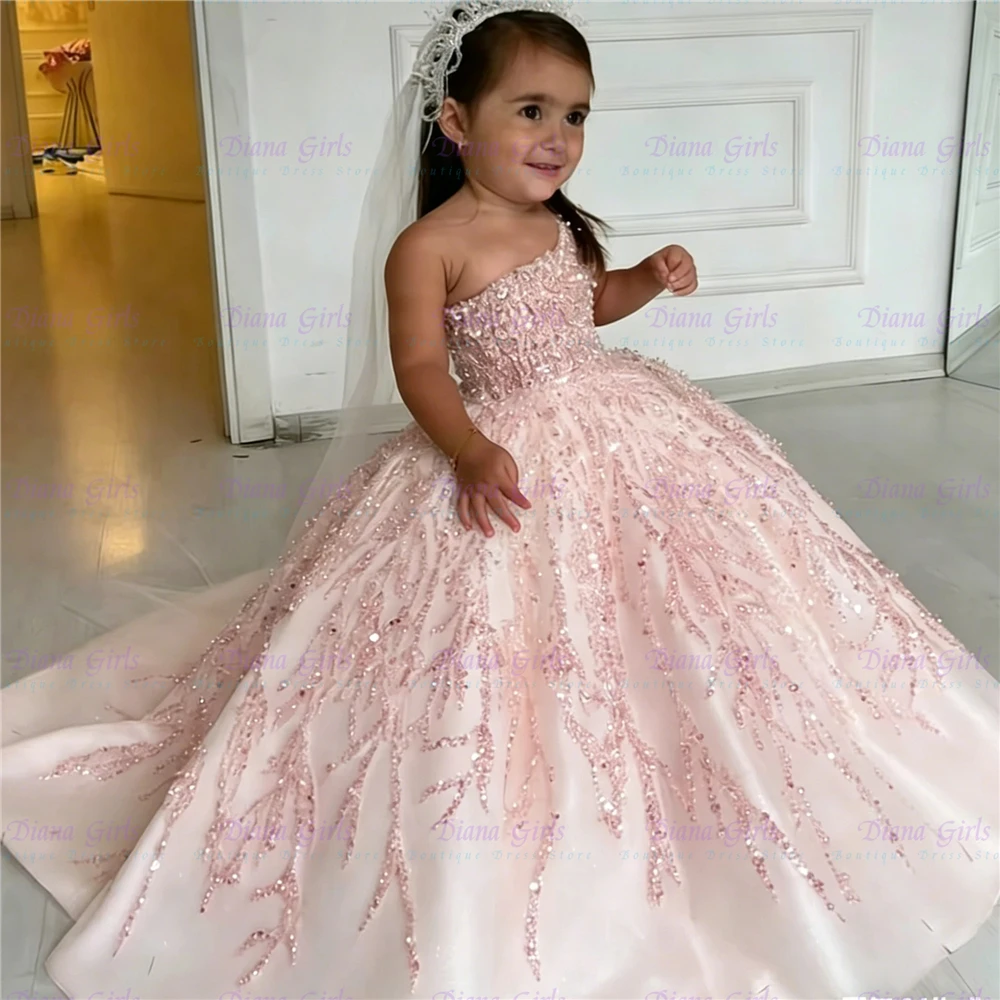 

Gorgeous Pearl Sequins Satin FLuffy Quality Flower Girl Dress Exquisite Applique for Wedding Birthday Party Evening Ball Gowns