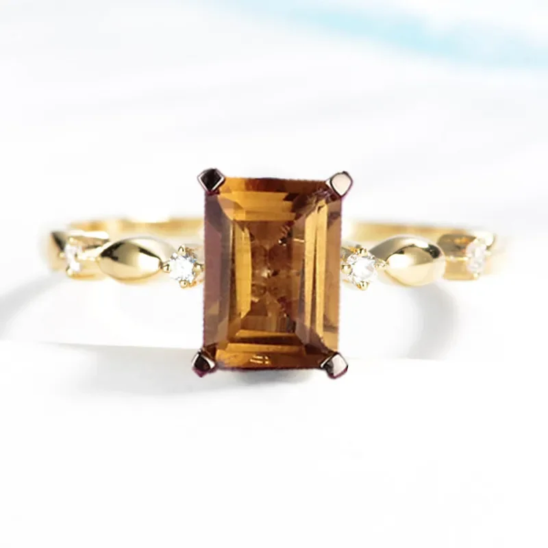 Solid 14k Yellow Gold Riing 5x7mm Emerald Cut Citrine Natural Diamonds Engagement Ring Fine Jewelry