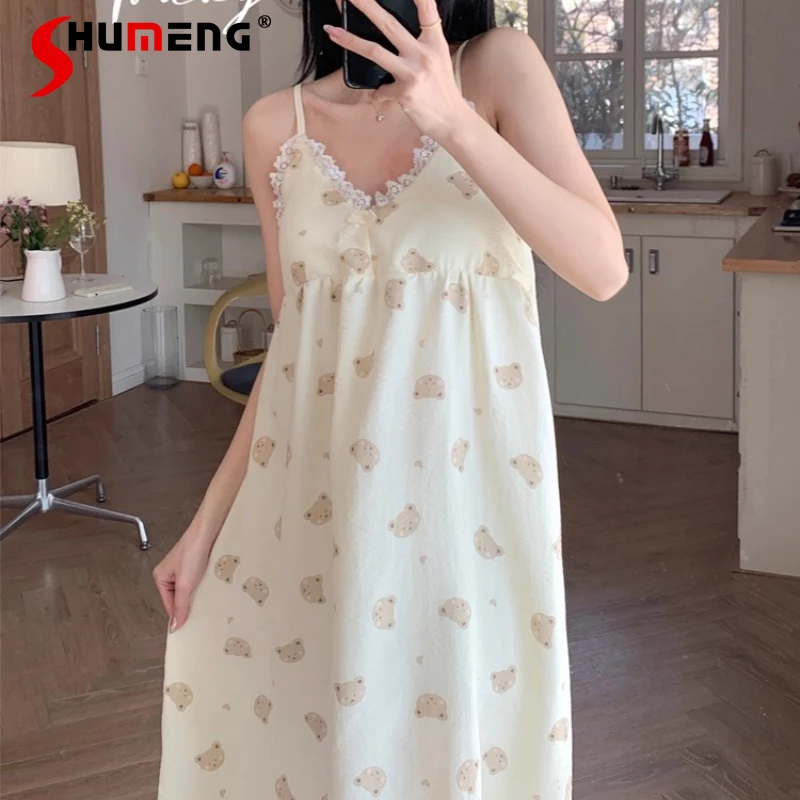 

Japanese Chest Pad Summer Homewear for Women Pure Desire Sexy Sweet Nightgowns Female Cute Bear Pajamas Strap Sleepshirts