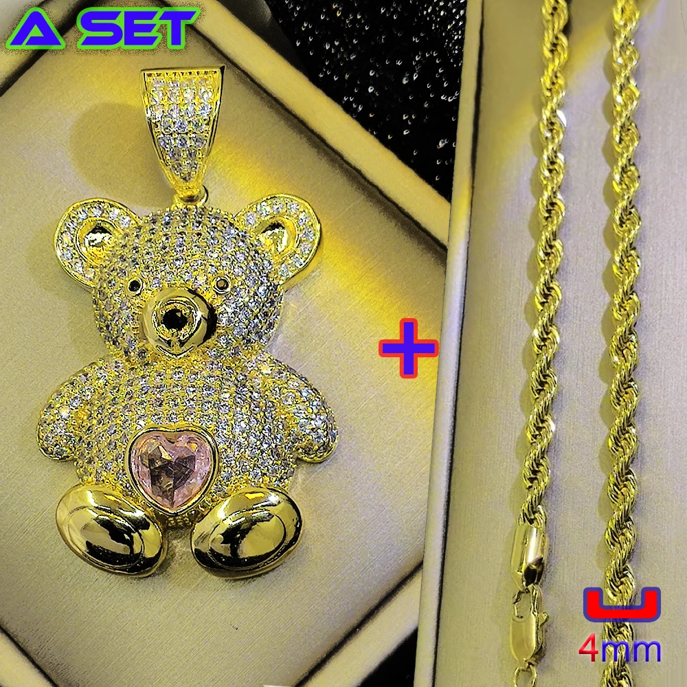 Newly designed hip-hop gold necklace paired with diamond teddy bear pendant, exquisite 18 karat gold, popular decoration