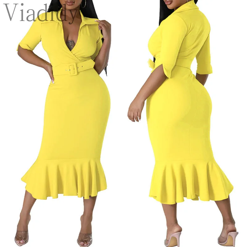 Office Lady Solid Color Lapel Ruffles Slim High Waist Mermaid Dress Work Dress With Belt