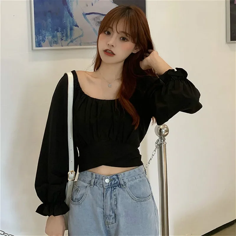 Áo Kiểu Nữ Crop Mùa Xuân Thường Ngày Ulzzang Chắc Chắn Tất Cả Trận Đấu Hàng Ngày Đơn Giản Cổ Vuông Phối Áo Sơ Mi Trường Cao Đẳng Hợp Thời Trang Cột Dây slim Nữ