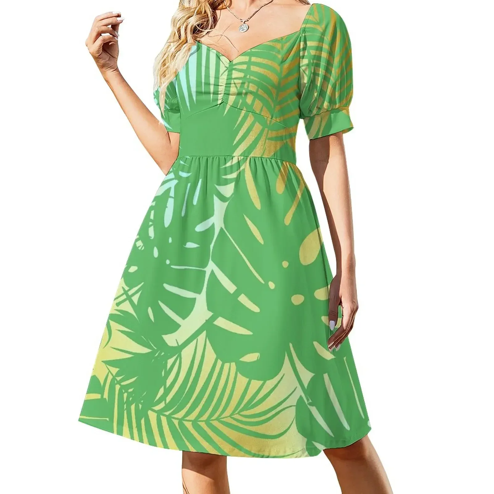 

Iridescent Palm Leaves Pattern On Aqua-Gold-Hues Sleeveless Dress clothes long sleeve dress Dress