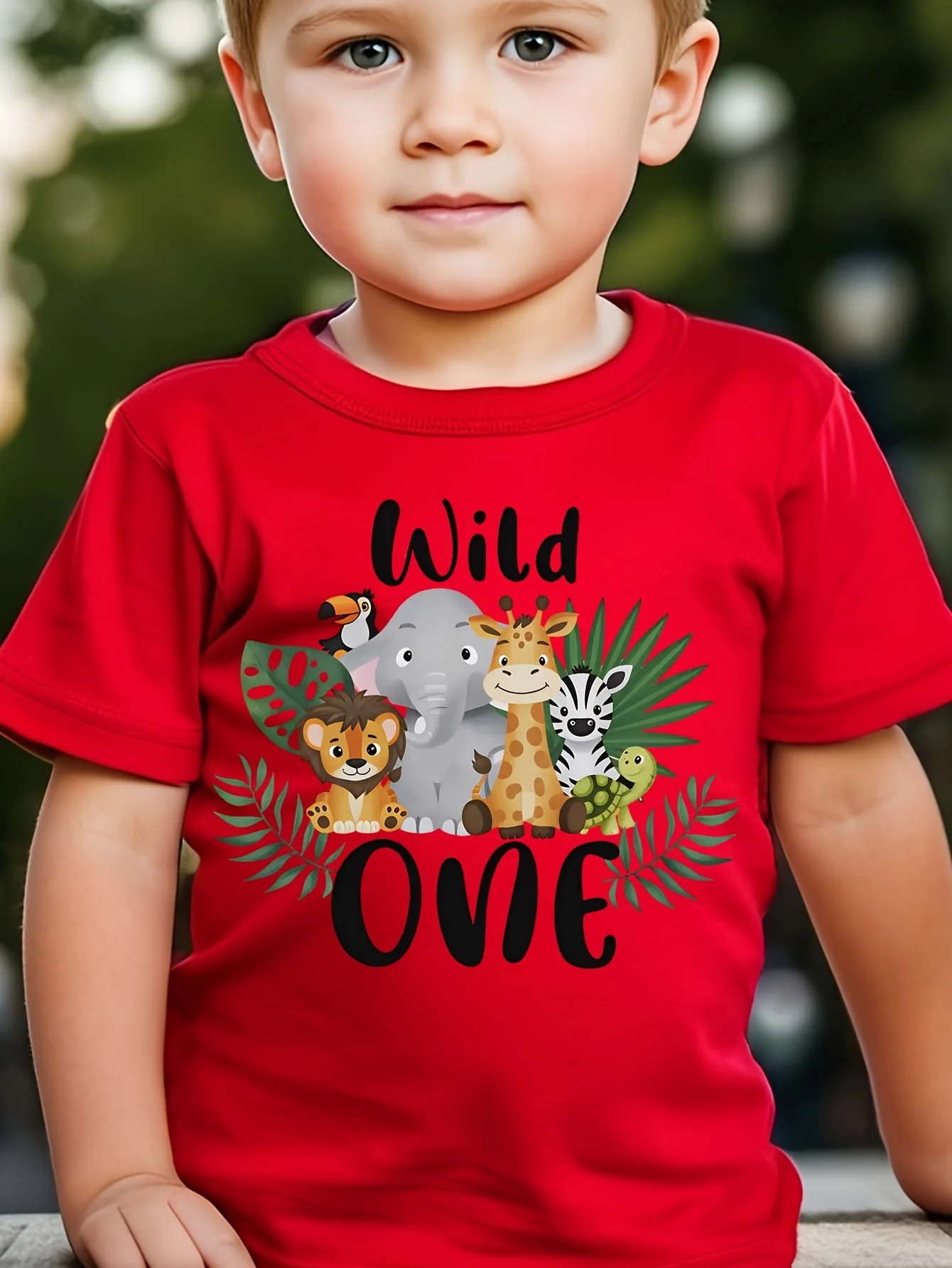Wild One Letter and Elephant Giraffe Lion Printed Children's T-shirt Personalized Printed Casual Versatile Parent Child Top