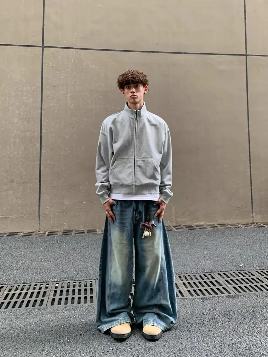 

Cleanfit American High Street Zipper Hoodie Men's Basic Sle Pure Color Stand Collar Wide Fit Sweatirt Casual Wear