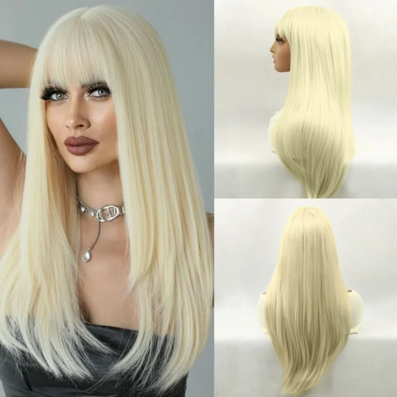 

Women's 613 yellow straight hair with bangs, long synthetic fiber full head wig