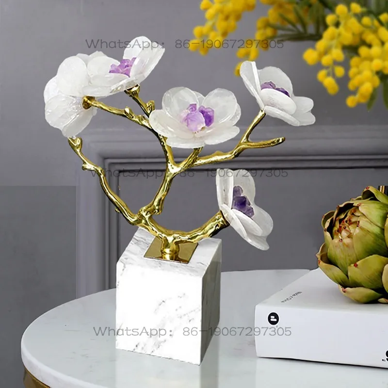 Natural Crystal Stone Flower Lucky Copper Tree Plant Ornament Desktop Decoration