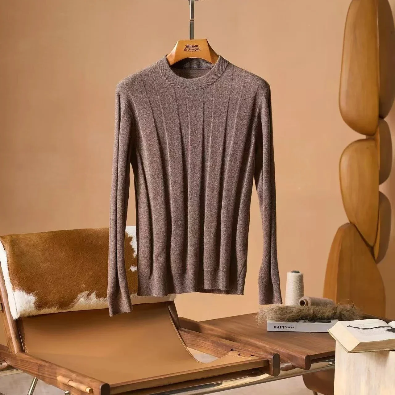 Italy BC old money style men's round neck vertical strip pullover wool sweater knitted sweater
