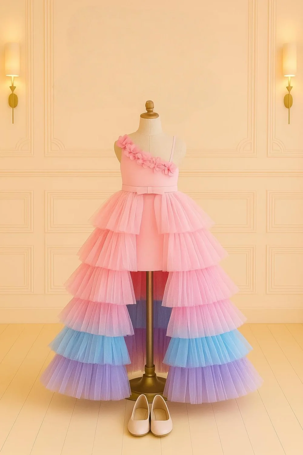 Custom One Shoulder Tiered Tulle Flower Girl Dress For Luxury Wedding Birthday Party Pageant Runway Formal Gown