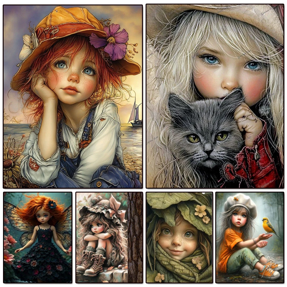 

New Arrivals Diamond Painting Portrait Cartoon Girl and Animal Diy Full Drill Cat bird Mosaic Home Decoration Art Handmade Gift