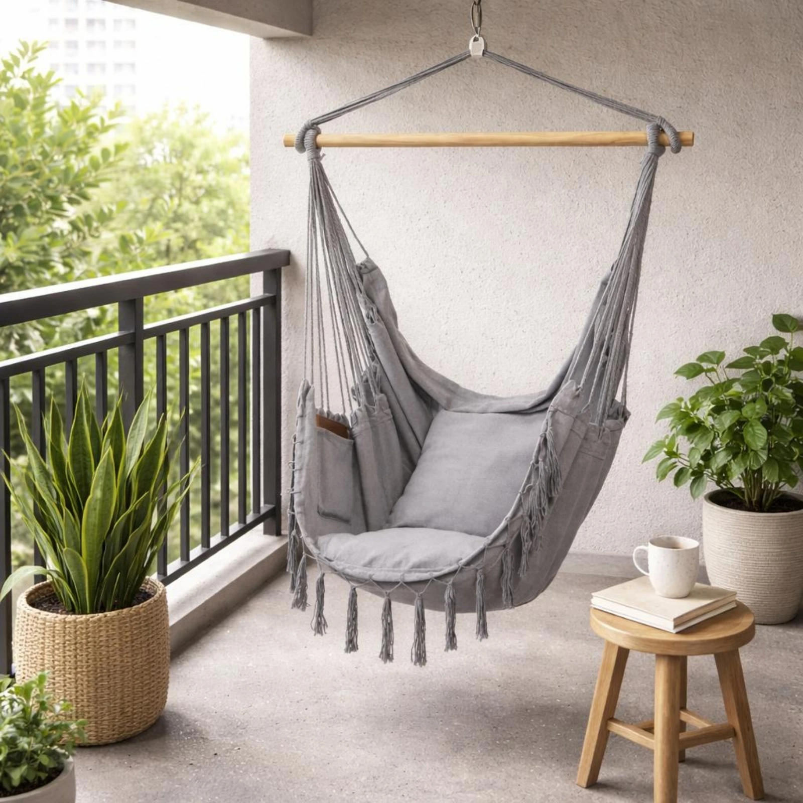 Canvas Hanging Chair Built-in Backrest Tassel Hanging Chair Furniture Cushioned Seat Pad Wooden Spreader Bar