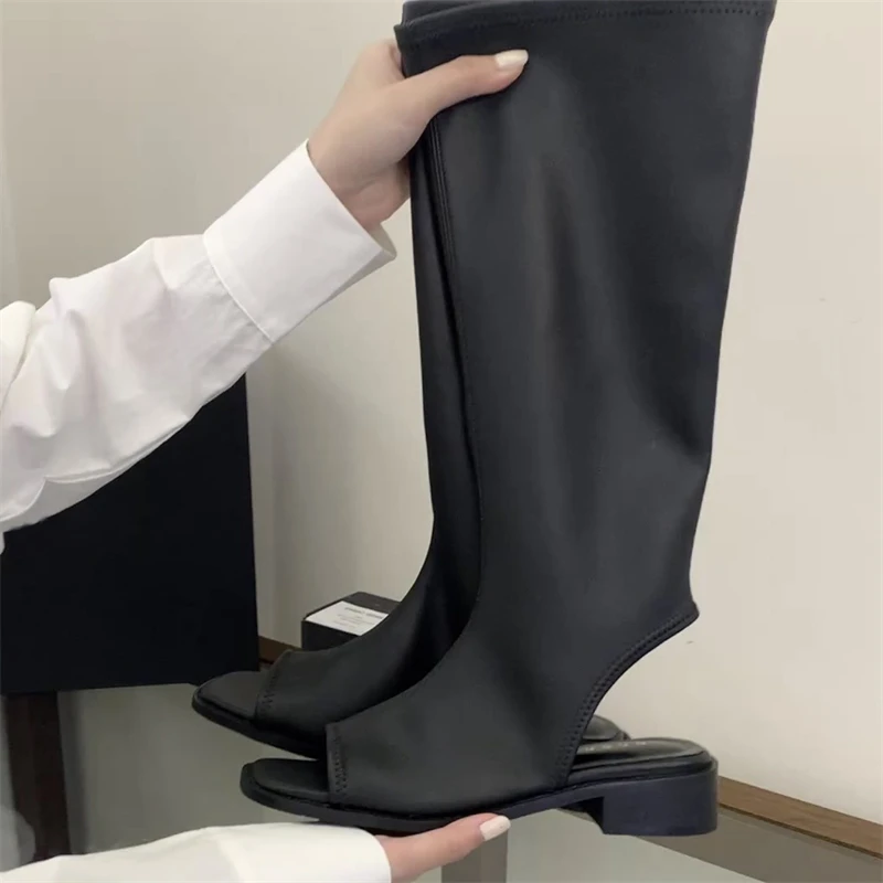 

Aneikeh FashionOpen Toe Backless Knee High Boots Women Black Stretch Fabric Square Toe Block Low Heel Summer Casual Sock Boots