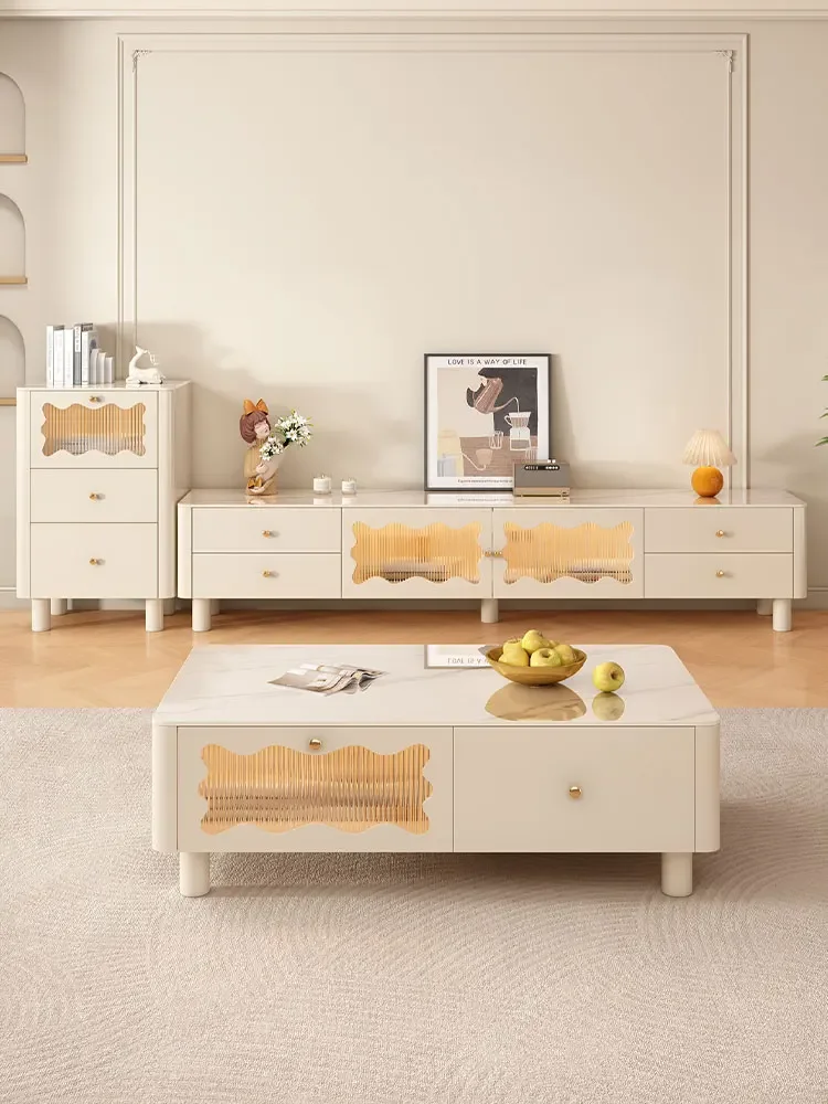 

Cream wind rock board coffee table luxury high-end living room household small apartment solid wood TV cabinet combination