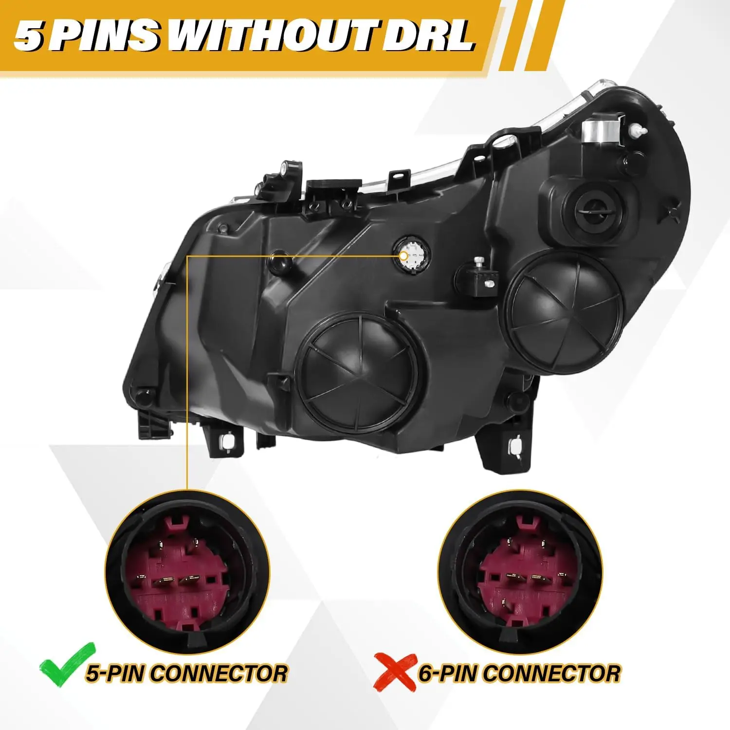 5-Pin Headlamp Assembly Without DRL, Compatible with 2014–2022 1500/2500/3500 Vans, Replacement for 4725944AJ 4725945AJ, Black H