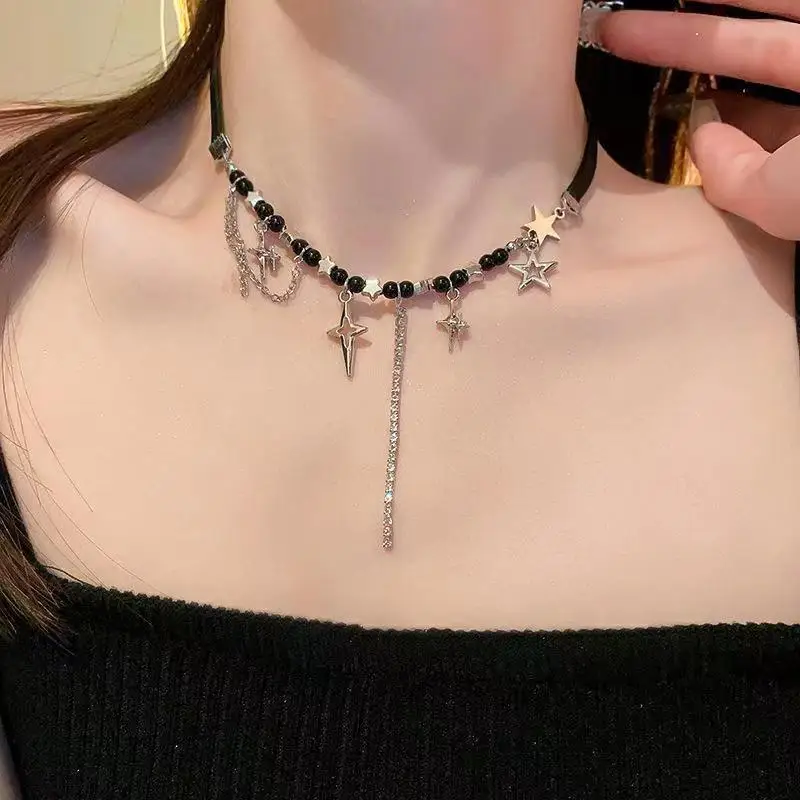 Goth Vintage Punk Harajuku Y2K Cross Pendant Beaded Rope Chain Choker Necklace For Girl Aesthetic EMO Grunge Jewelry Accessories