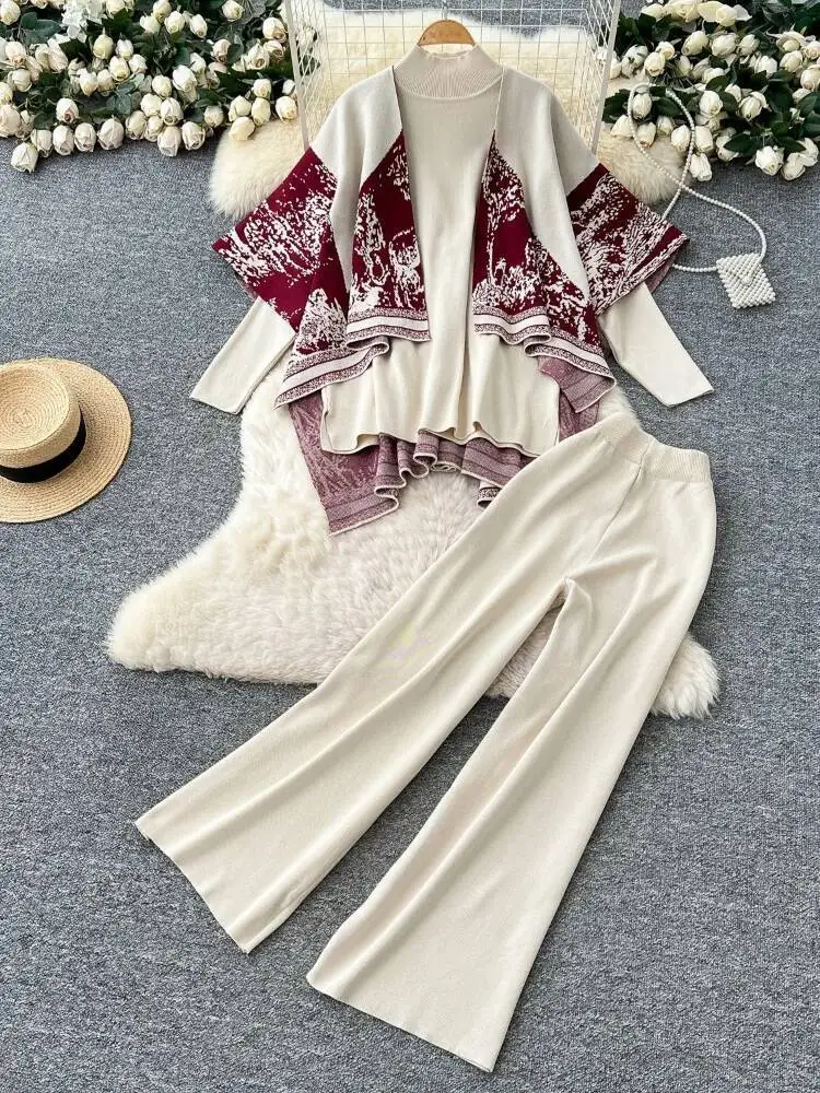 

Autumn Winter Knitted Three Piece Sets Women High Neck Long SleevedTop Vintage Print Shawl High Waist Long Pants Sweater Outfits