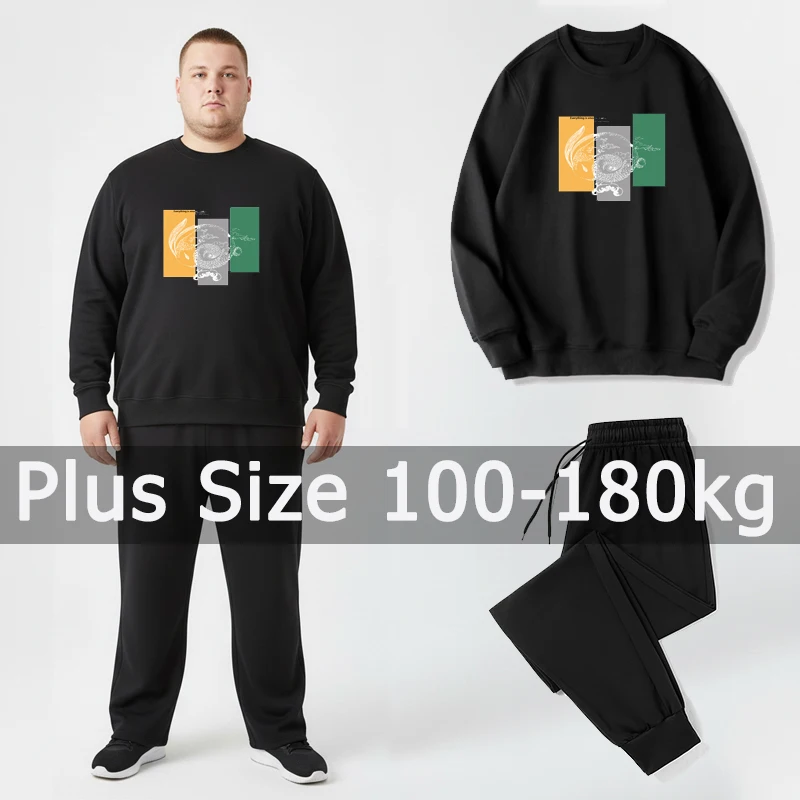 

Plus Size Men's Sweatshirt Set Black Sports Suits Long Pants 5XL 6XL 7XL 100-180kg Autumn Winter Long Sleeve Big Size Clothing