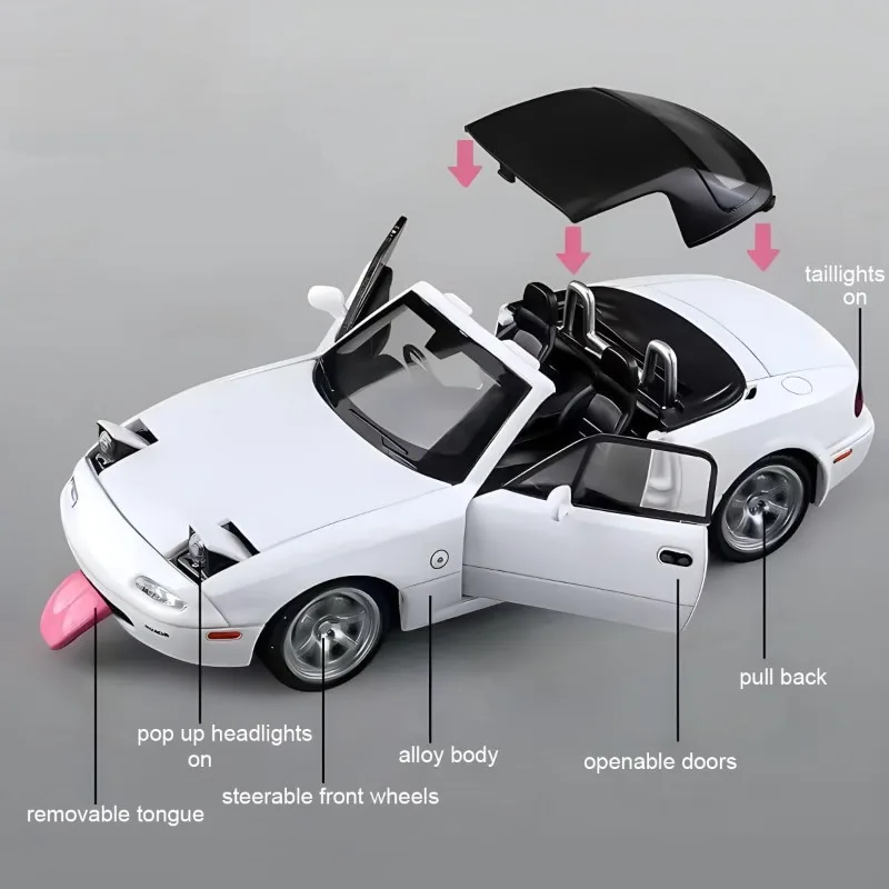 

1/32 Mazda Miata MX5 Diecast Model Cars Pull Back RC Sports Car with Pullback Removable Top Lighting and Sound