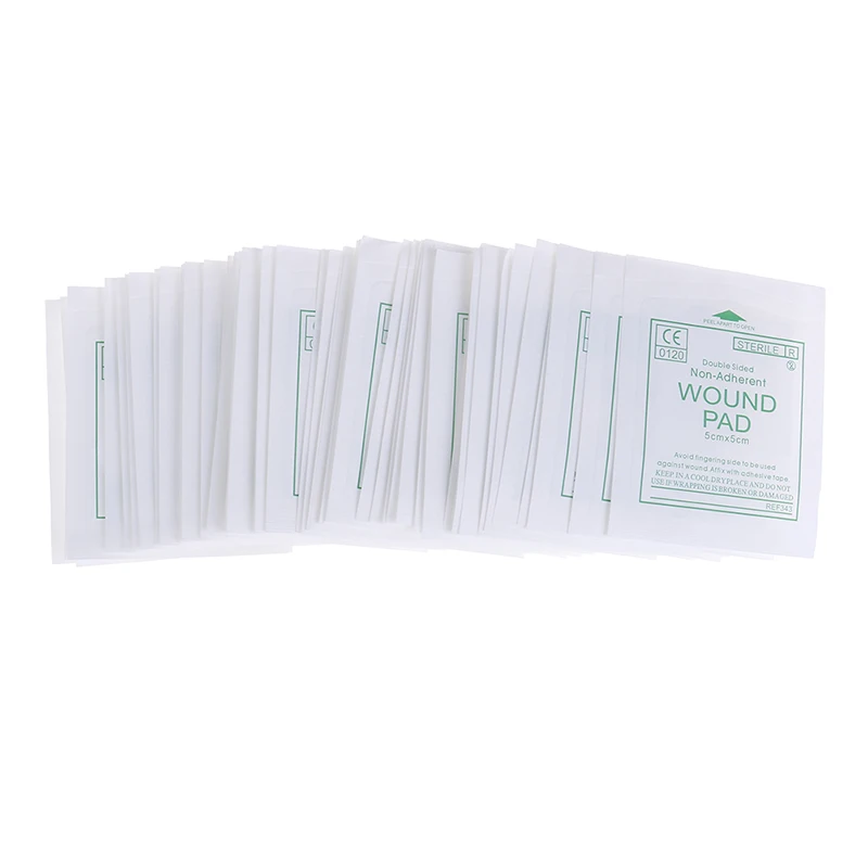 Kit de primeros auxilios de 50 piezas, accesorios de hoja no tejida, almohadilla de succión de sangre, almohadilla absorbente de agua, Kit de primeros auxilios, 5x5cm