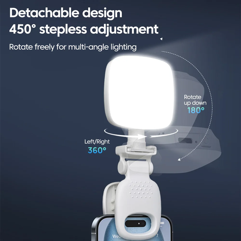 Mini luce lunare per selfie, luce di riempimento ricaricabile, 3 modalità, luminosità regolabile, clip per telefono, laptop, tablet, riunioni, trucco