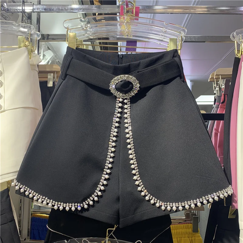 Diamond Heavy Pearl White Wide-Leg A- Line Women All-Match Black Suit Shorts 2023 Spring Summer New Elegant Short Pants