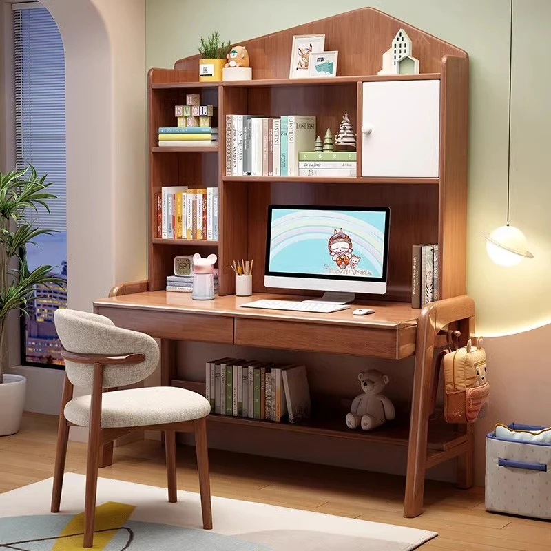 طاولة دراسة للأطفال من الخشب الصلب، رف كتب، مكتب كمبيوتر منزلي للكتابة