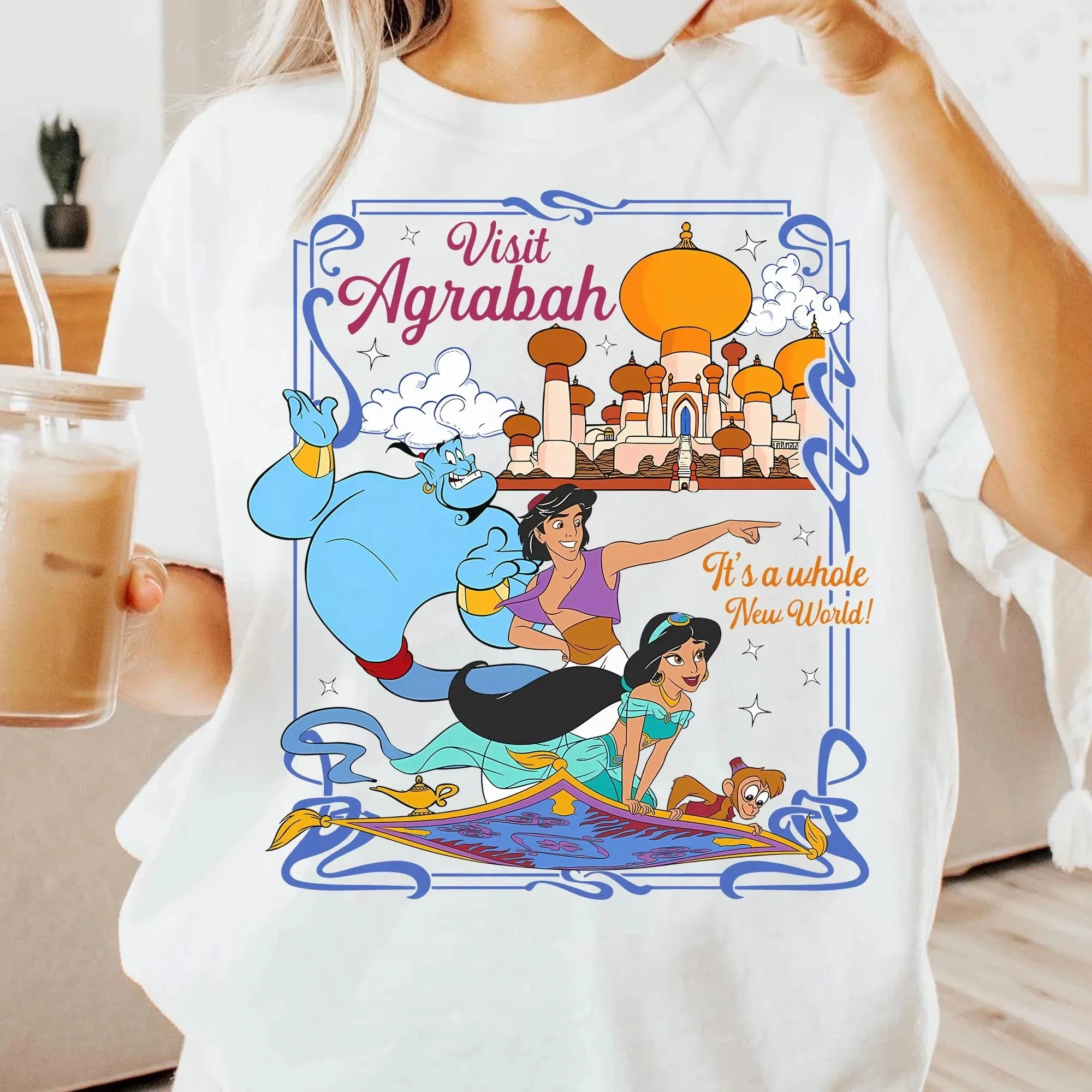 Disney Princess tshirt Jasmine and Aladdin Genie Tour Agraba Embarking on A New World Journey for Women's Summer T-shirt