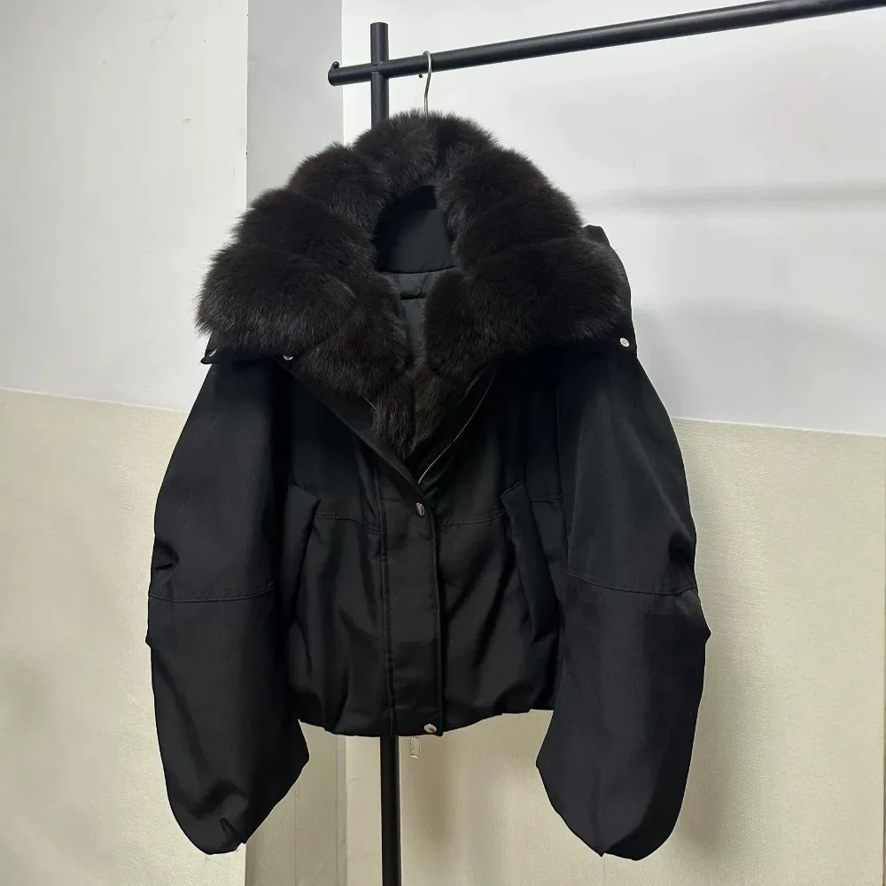 Women's Winter Down Jacket with Fur Duck Down High Quality Padding and Women's Real Fox Fur Collar with Zipper Outdoor Outerwear