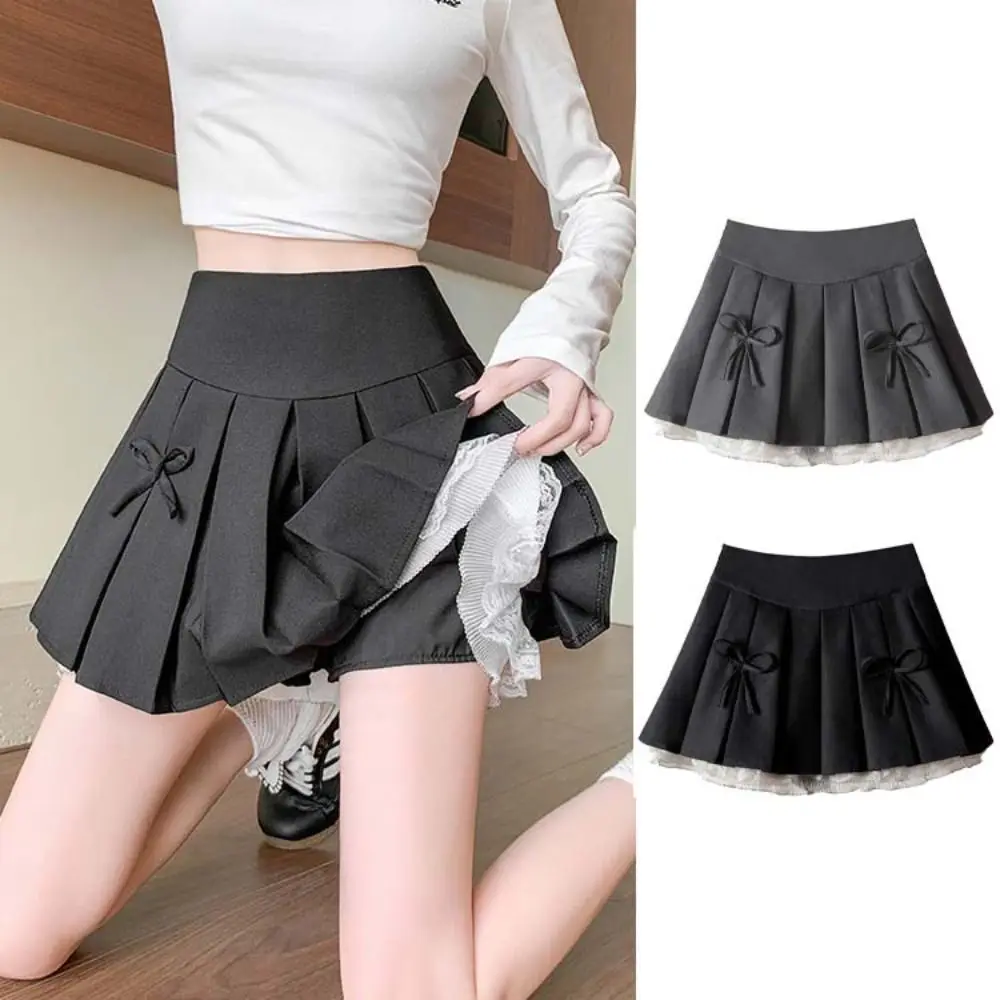 

Fashion Lace Pleated Mini Skirts A Line Ruffled Suit Mini Skirt JK Dress Korean Style Bowknot High Waist Skirt Girls Lady
