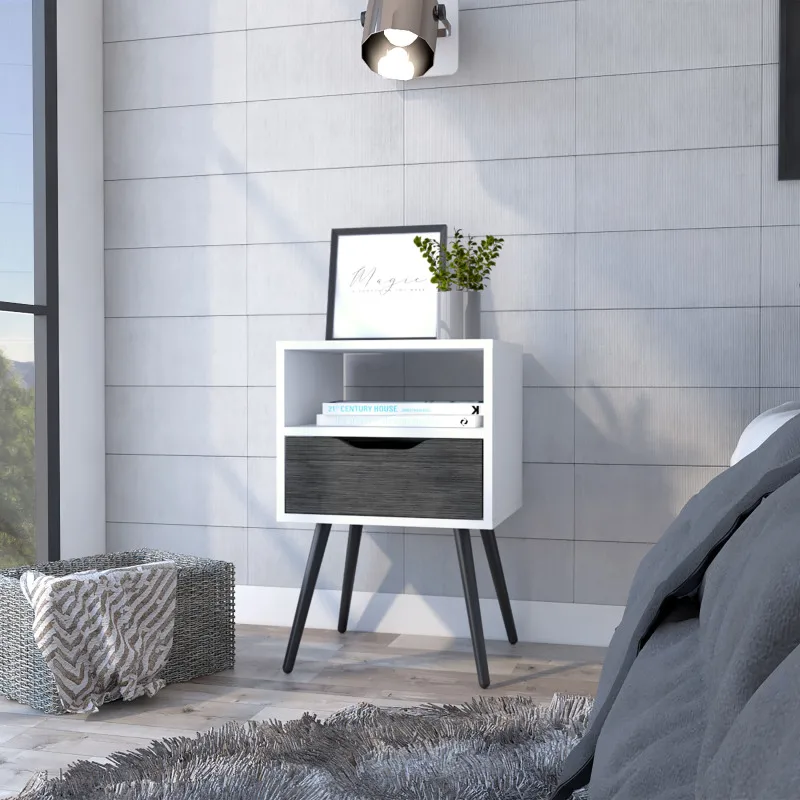 

Otom Nightstand , Superior Top, One Open Shelf, One Drawer, Four Legs -Smokey Oak / White