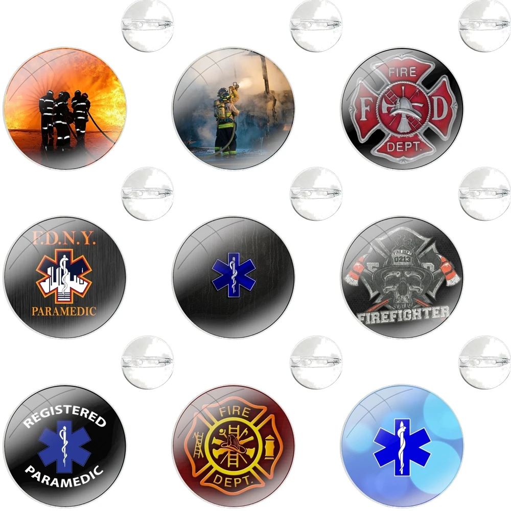 Glass Dome Brooches Shirt Lapel Bag Cute Badge Pins For Clothes Hat Accessories Firefighter Fireman Fire EMS