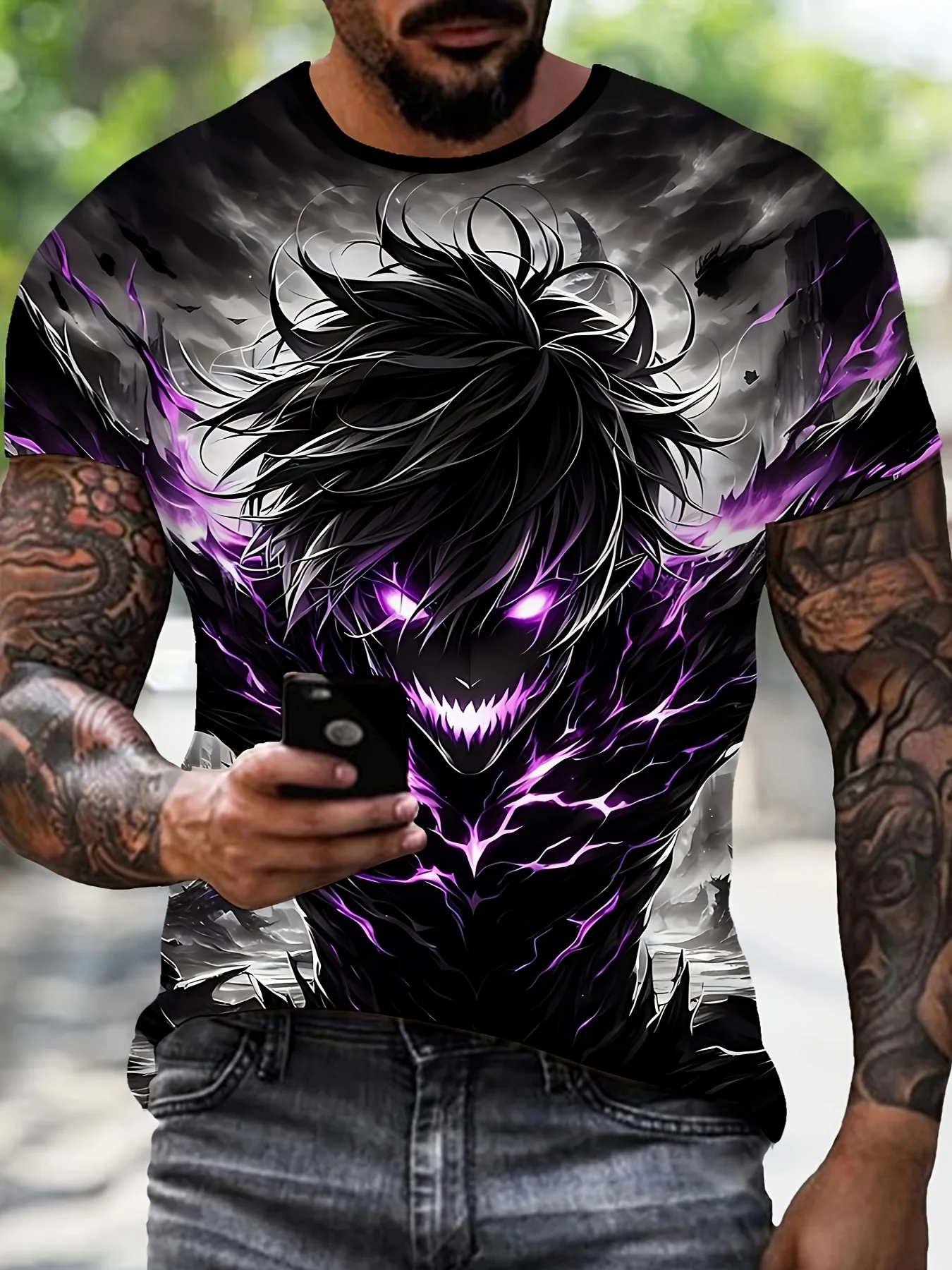 

Летняя повседневная мужская футболка с 3D-принтом с эффектом аниме, 1 шт., с коротким рукавом и круглым вырезом - трикотажная ткань из полиэстера с легкой эластичностью