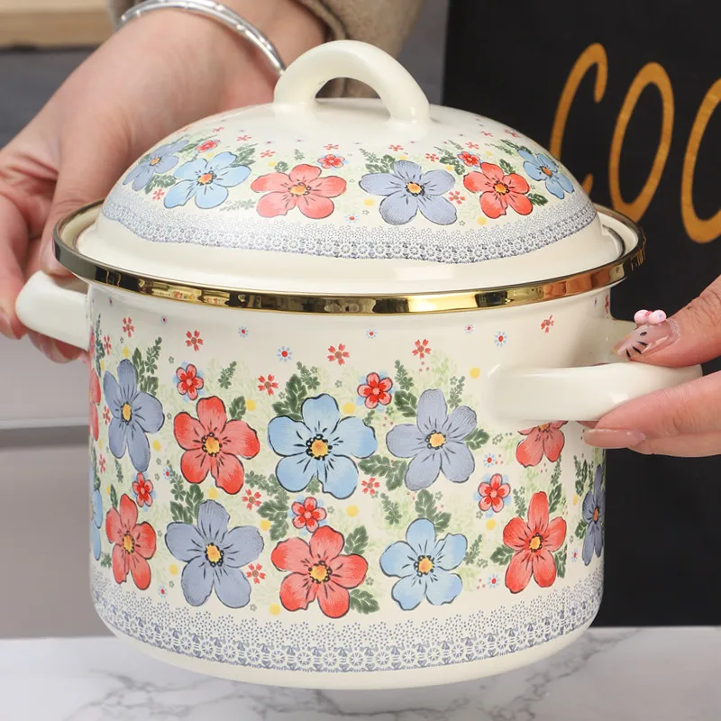 Enamel Soup Pot 1.5L Double Handle Cooking Noodle Pot Retro Floral Thickened Stew Pot Cooking Pan Kitchen Utensils Cookware