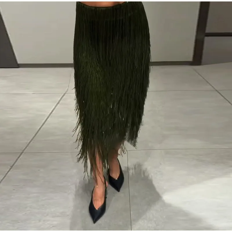Women's Olive Green Sequin Fringe Midi Skirt Sparkly Tassel Party Skirt for Evening Clubwear 2025 Festival New Sexy Lady Skirts