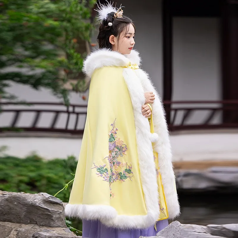 소녀 요정 Hanfu 망토 어린이 겨울 따뜻한 자수 당나라 정장 드레스 어린이 생일 선물 중국 설날 의류