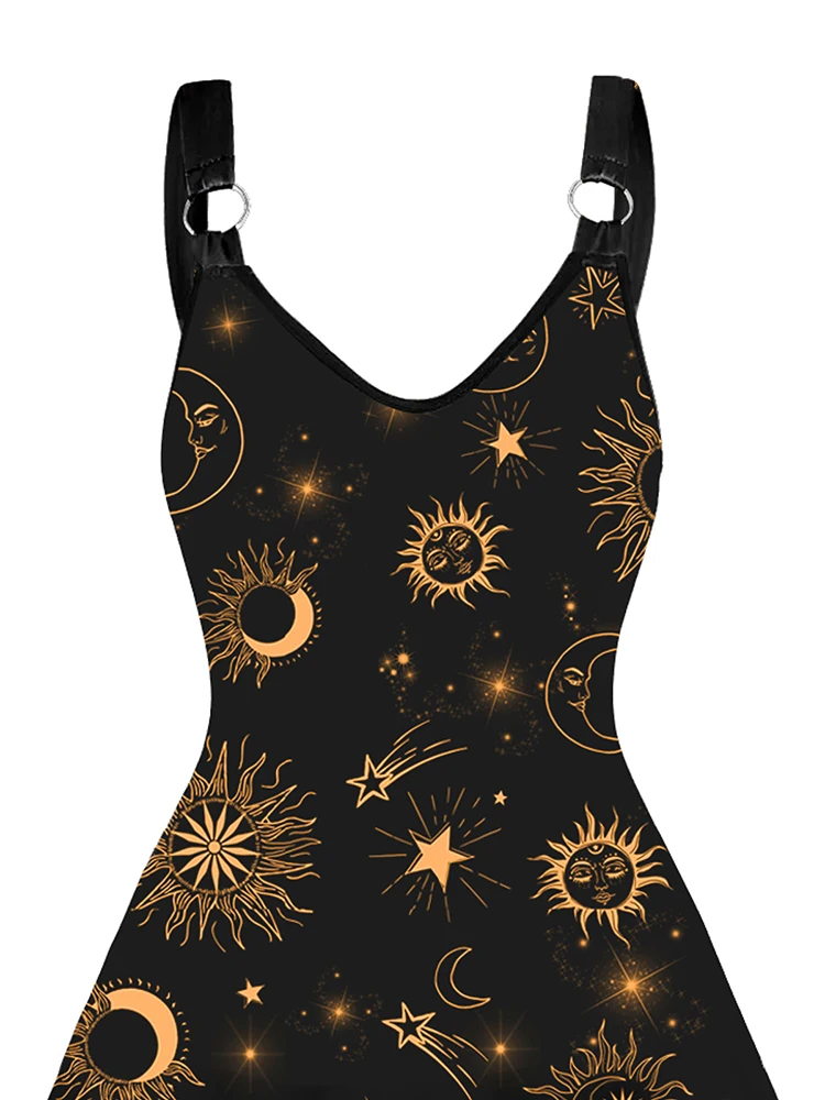 Allover Galaxy Sun Moon Star Celestial Print Straps Sleeveless Tank Dress O Ring V Neck A Line Dress 2024 Sukienki damskie