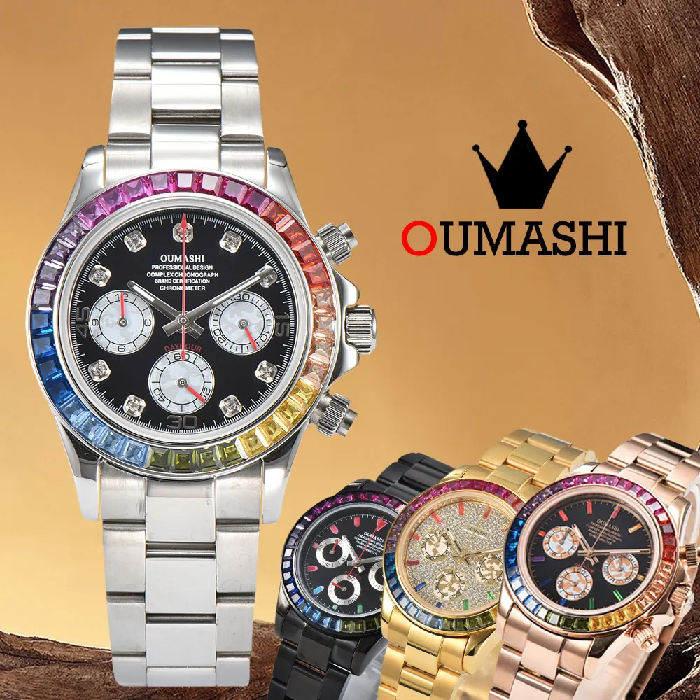 

OUMASHI-DTN Luxury Watch Modified VK63 Color Diamond Gem Watch Sapphire Glass Panda Three Eyes Quartz Men's Watch 316 Steel