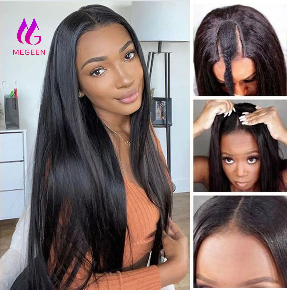 Megeen Stright 10-24Inch Natural Black U Part Wig Human Hair Brazilian Virgin Hair Machine Wig For Women Small Leave Out No Glue