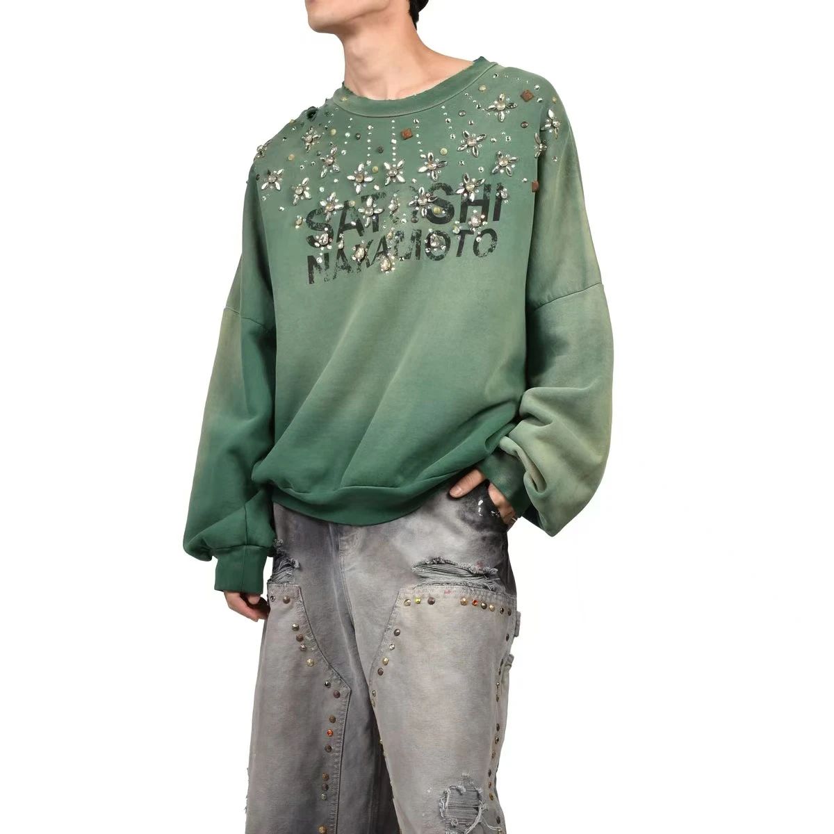 Glänzendes Kristallschloss-Sweatshirt mit Rundhalsausschnitt aus gewaschenem Frottee für Männer und Frauen, High-Street-Retro-Diamant-Baggy-Hoodie in Übergröße